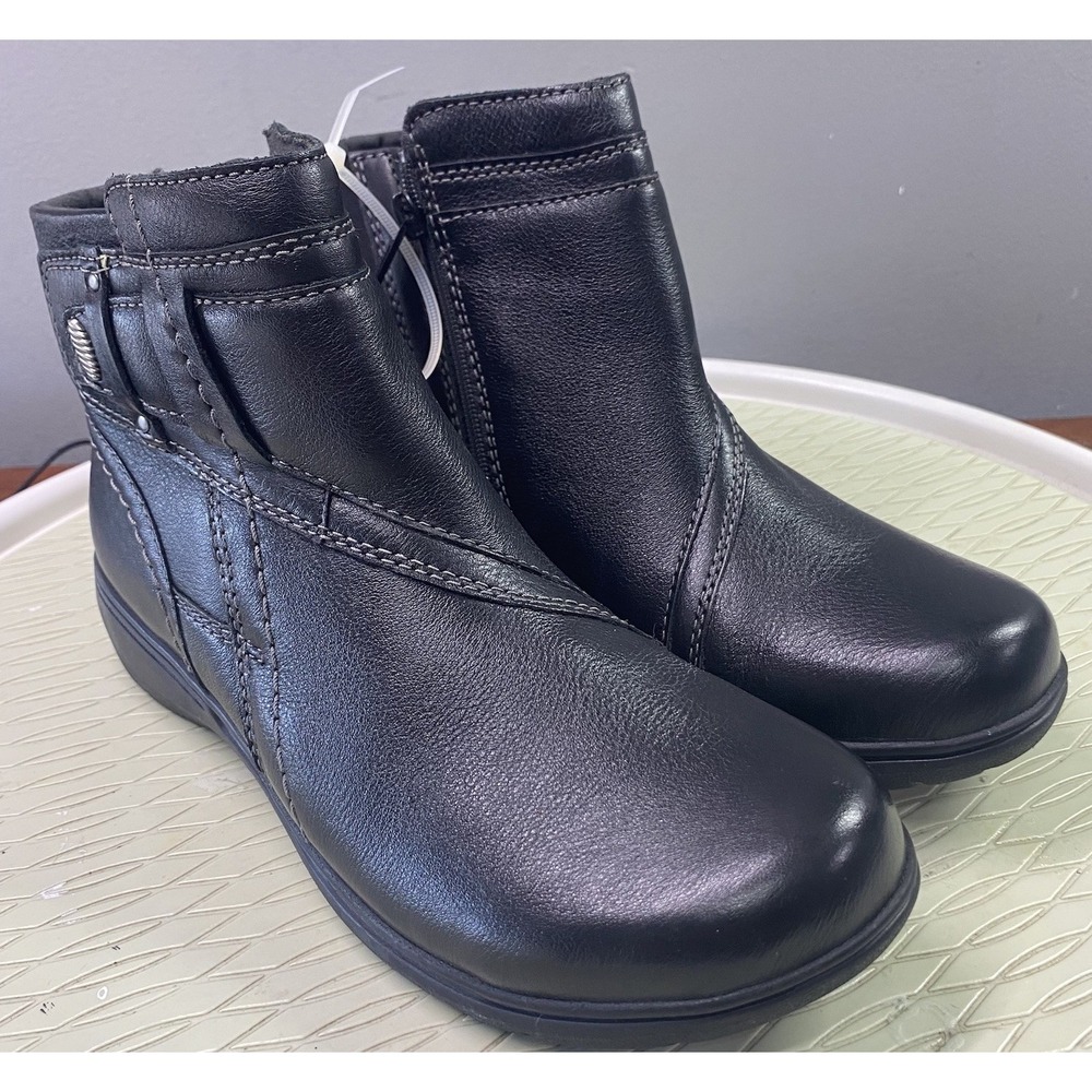 Clarks Women Black Leather Bootie Carleigh Style Zip Adj. Ankle Boot 7 M-NWOB